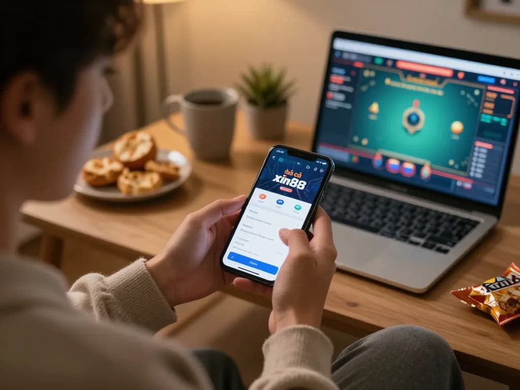 Engaging gaming moment with nhà cái xin88 app on smartphone, showcasing modern online gambling