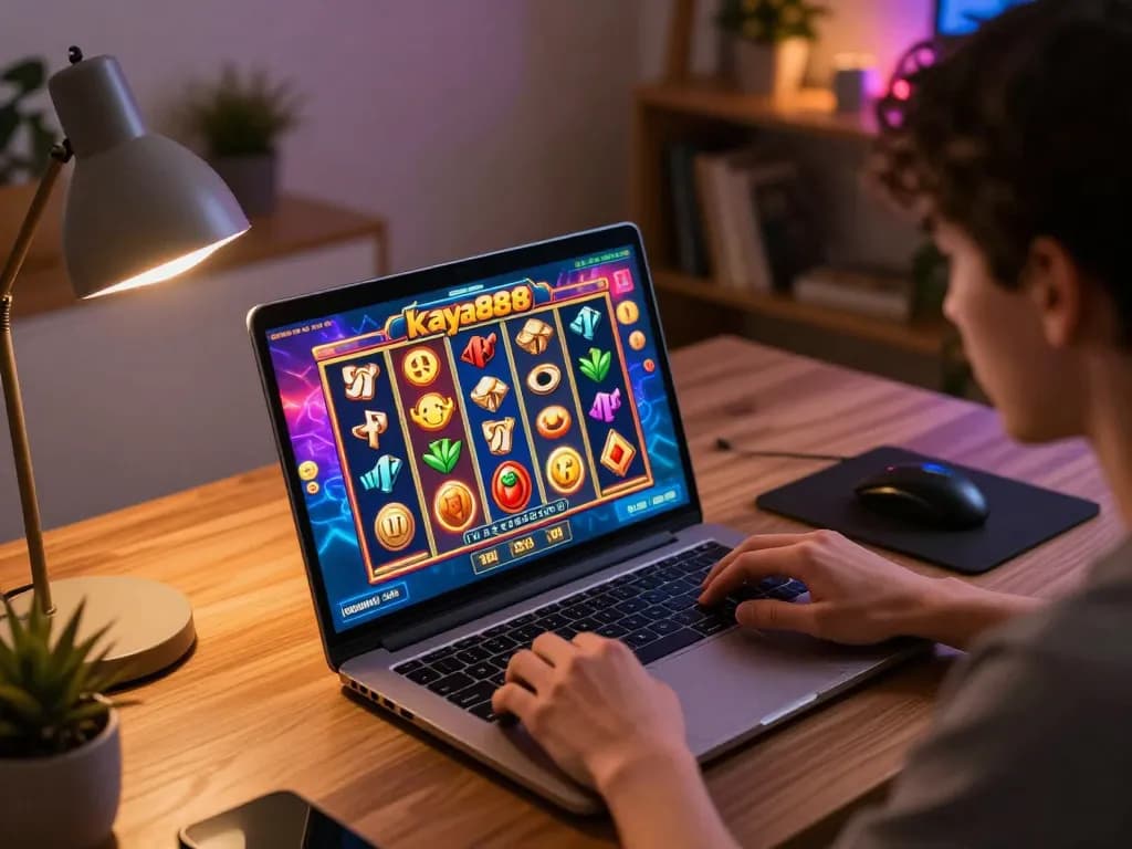 Engaging player enjoying slot kaya88 on a laptop at home, vibrant game interface visible.