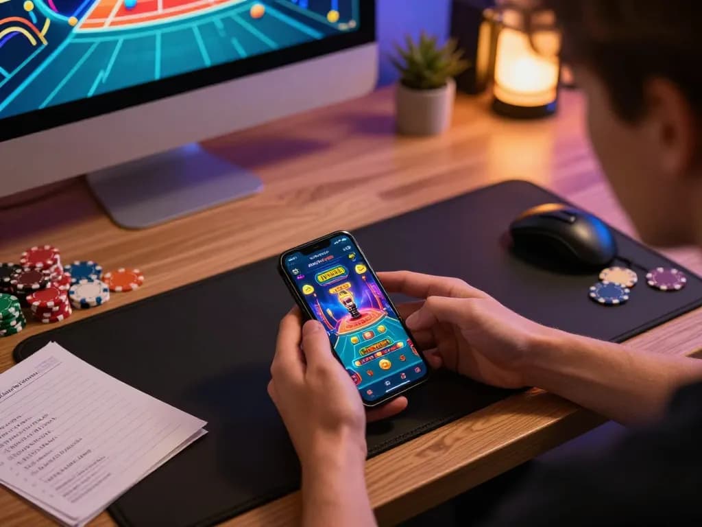 Engaging with the trang chủ 79king app on smartphone in modern gaming setup filled with strategy notes