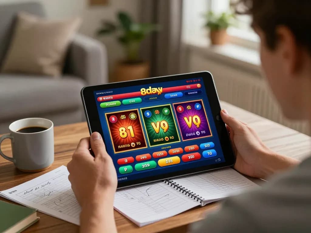A player engaged with the 8day casino app on a tablet in a cozy living room, illustrating online gambling.