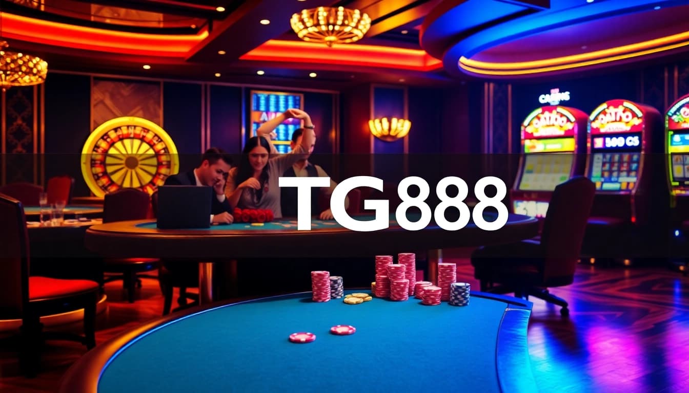 Experience thrilling casino gaming with TG88, featuring poker chips, a roulette wheel, and luxurious tables.