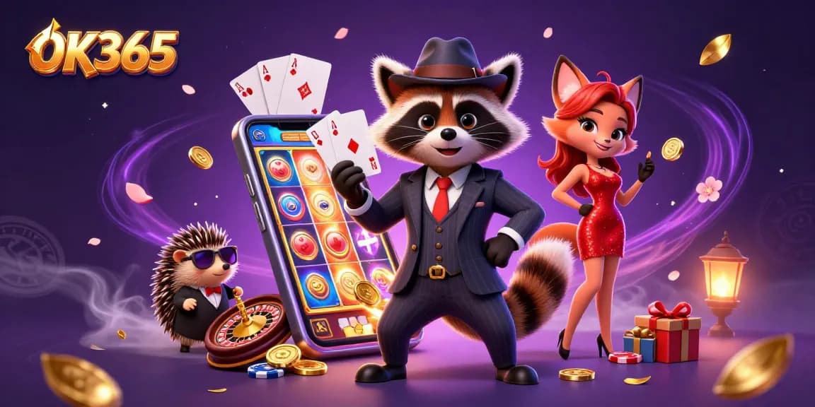 Play slots with OK365's dynamic gaming scene featuring 3D characters and vivid elements.