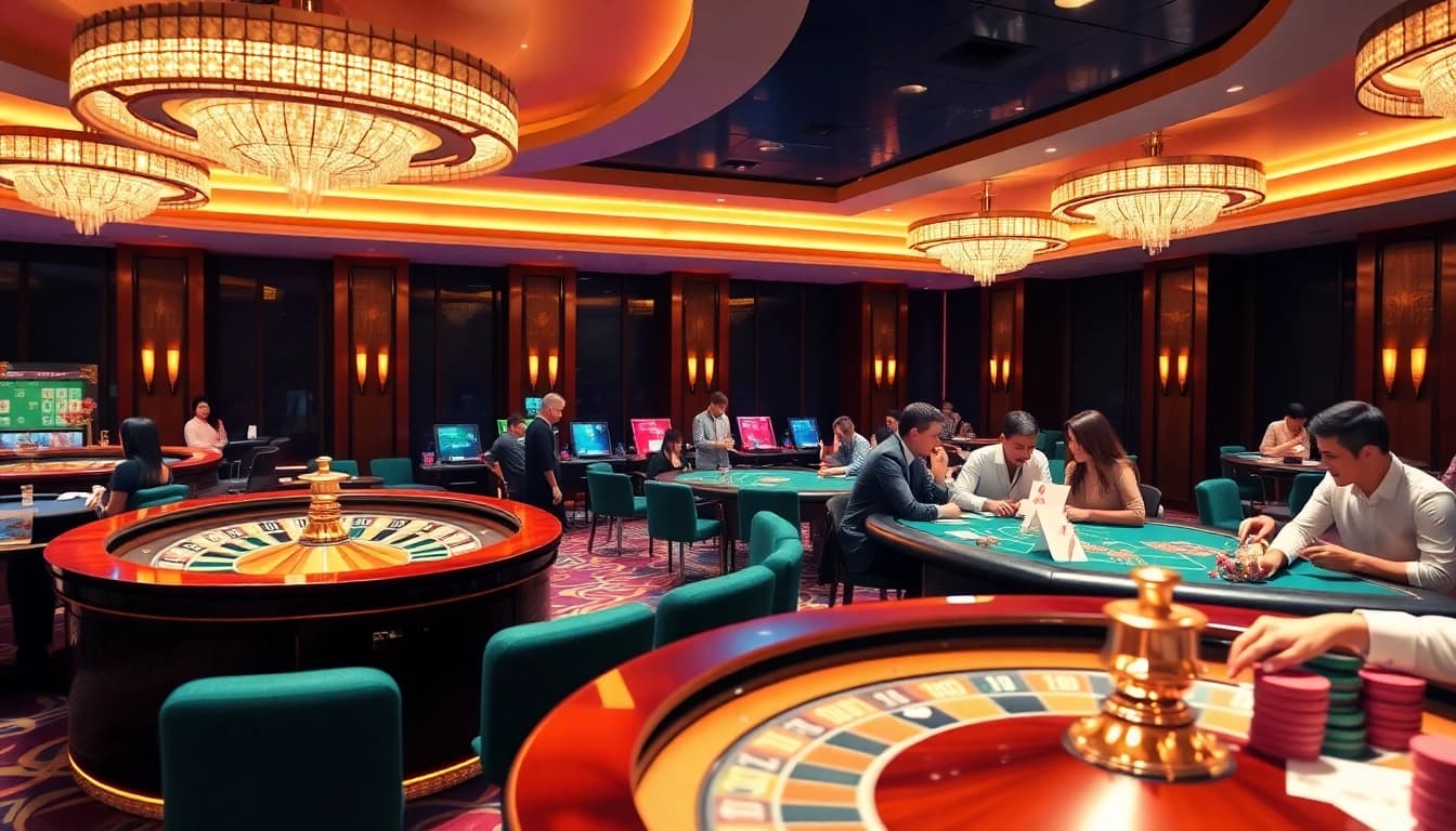 Engaging scene at nhà cái OK8386, featuring vibrant casino games, roulette, and players.