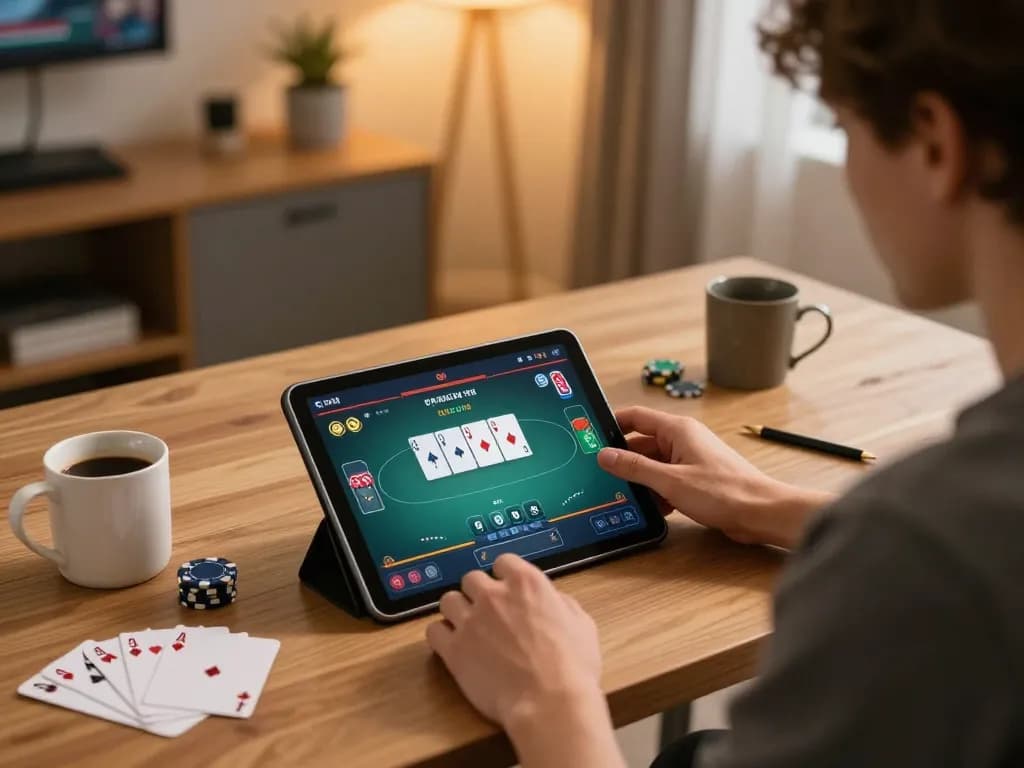 Playing poker online with Go 88 tablet interface in a cozy home office environment