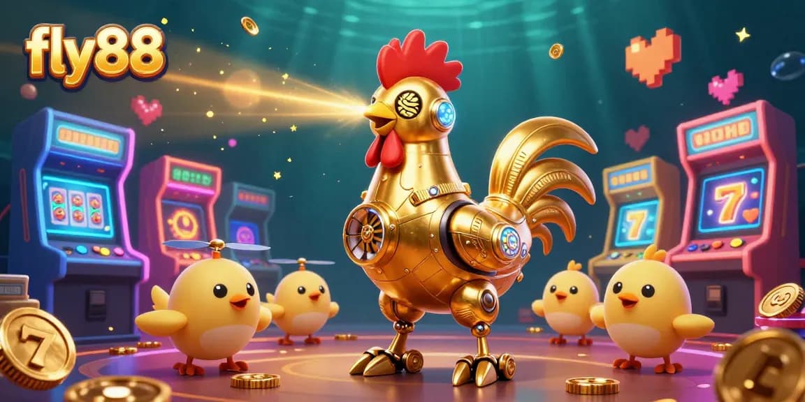 Experience exciting games at fly88 with a dynamic golden rooster robot leading baby chick drones in a vibrant casino setting.