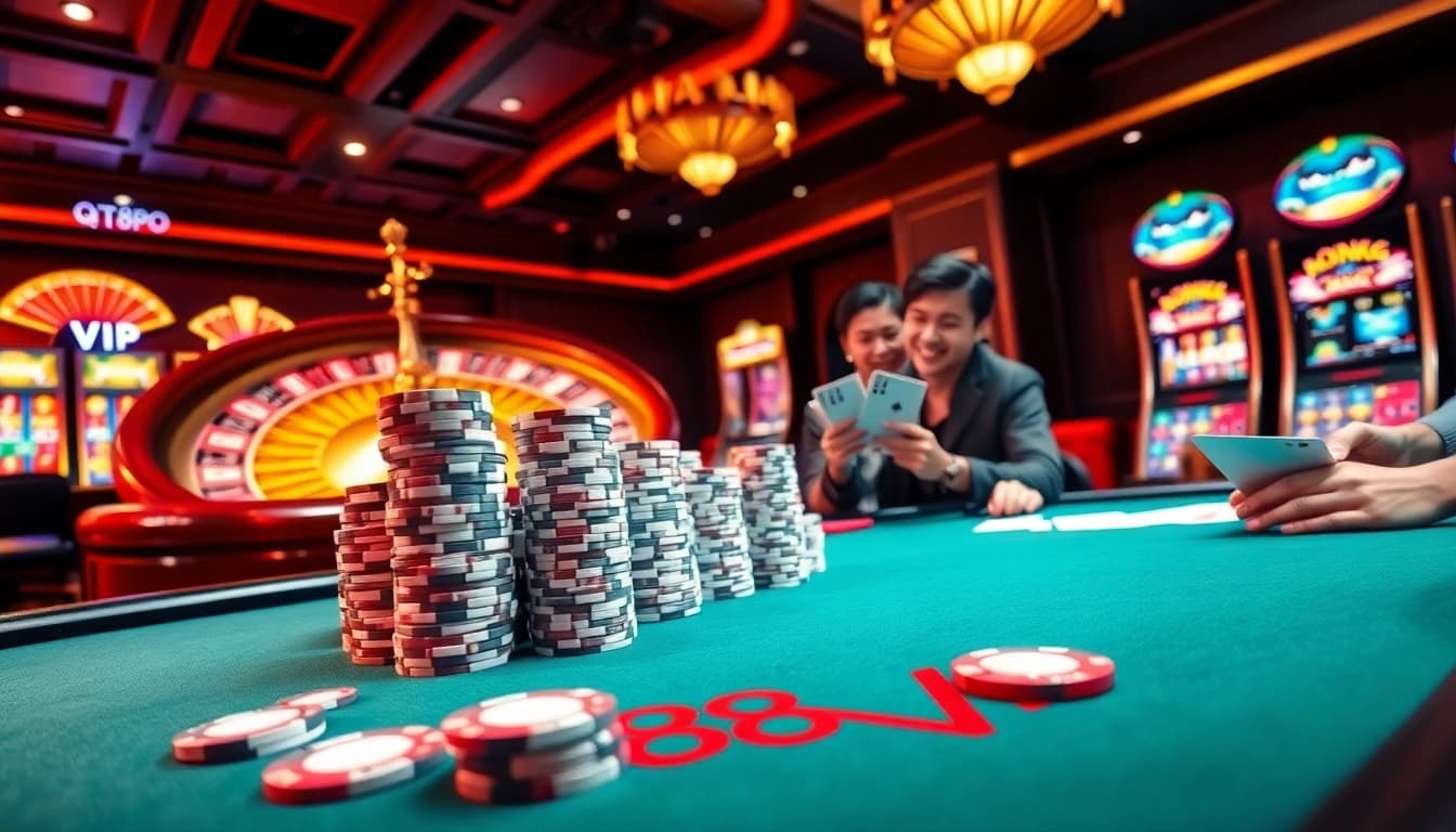 Engage in high-stakes excitement at QQ88pro Vip casino games with vibrant colors and luxurious atmosphere.