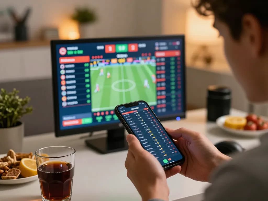 Analyzing live sports betting odds on QQ 88 smartphone with drinks and snacks in a warm home office.