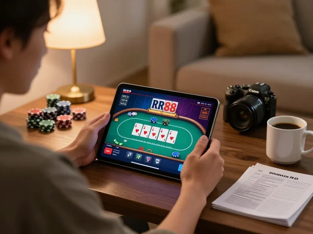 Engaging in online poker gameplay on RR88 with tablet showcasing game interface in a cozy living room.