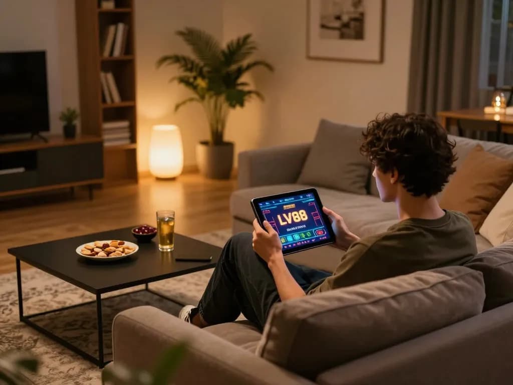 Player enjoying LV88 online casino app from a cozy home setup, showcasing modern gaming experience
