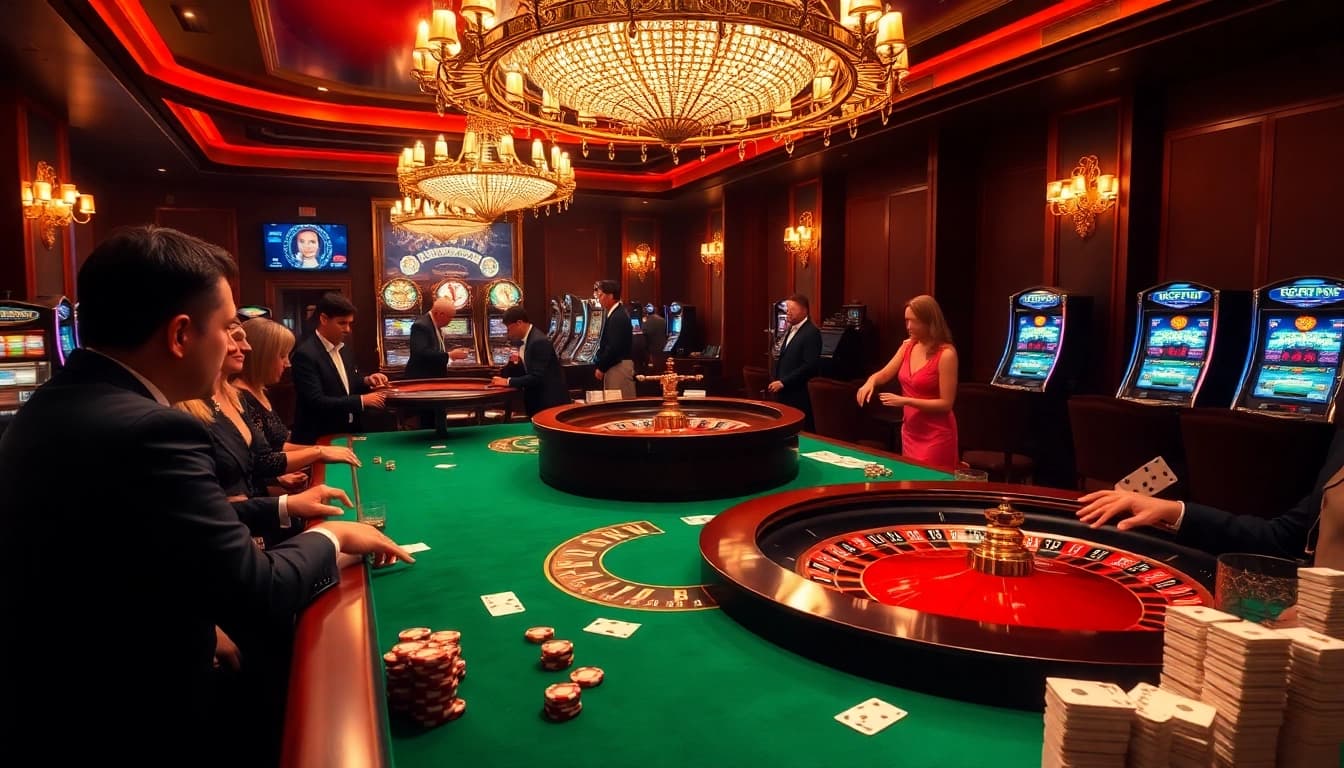 Players engage in high-stakes gambling at https://qq88.social/ with poker chips and roulette excitement.