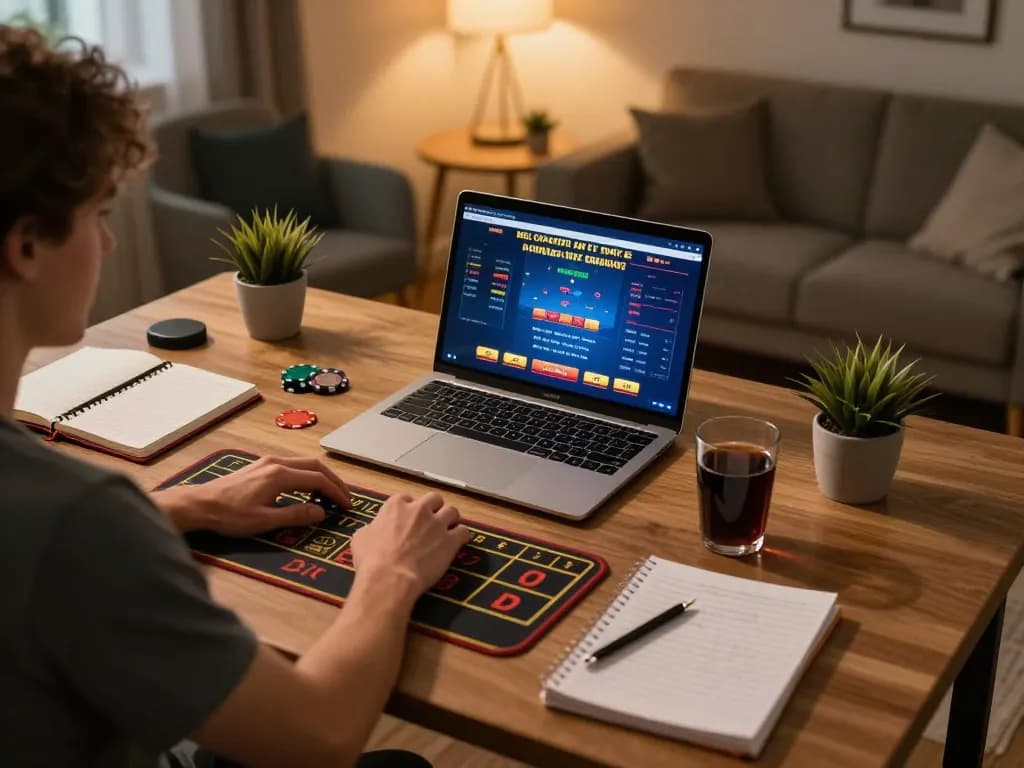 Player analyzing strategies while using 58wiin for online casino betting in a cozy setup