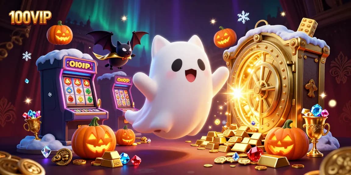 Engage with 100VIP's thrilling casino experience, featuring a friendly ghost cat and a vampire bat among vibrant treasures.