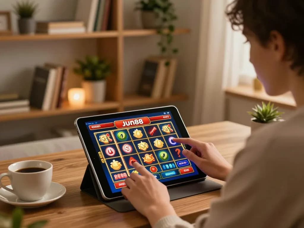 Player enjoying online slots with Jun88 on tablet in cozy home setting.