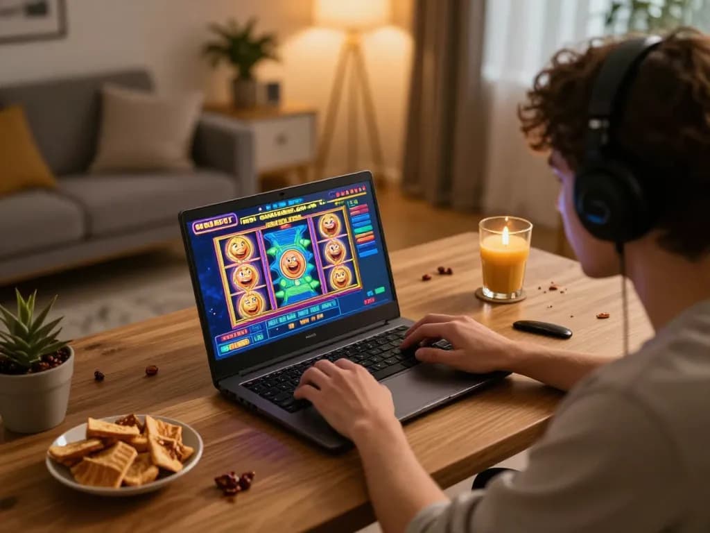 Engaging in Slot Malaysia gaming online with vibrant graphics during a cozy home session.