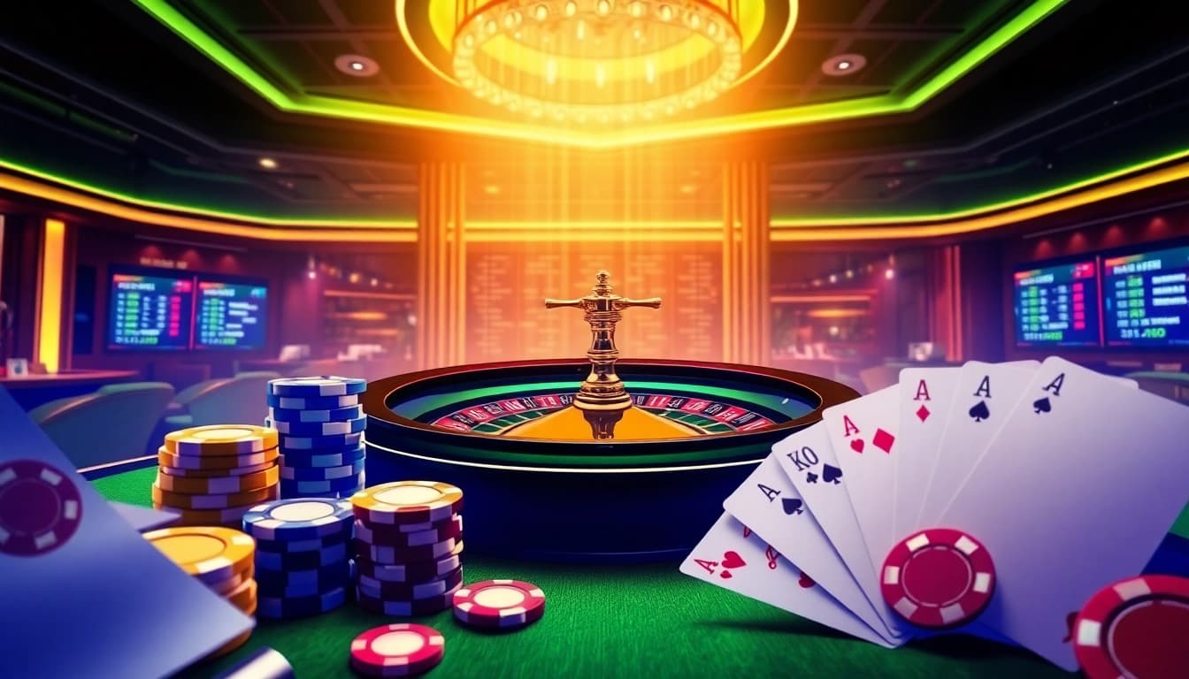 Engaging illustrated portrayal of Trang chủ RR99, showcasing premier online gambling with poker chips and roulette.