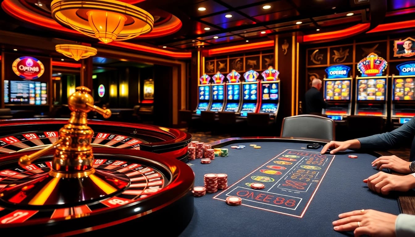OPEN88 casino scene featuring blackjack players and vibrant slot machines, illustrating excitement and luxury.