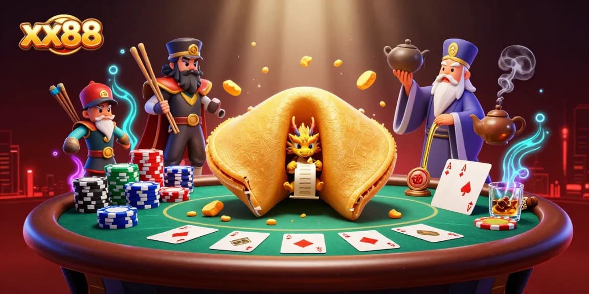 Immerse in xx88's casino action with vibrant 3D fortune cookie scene and poker elements.