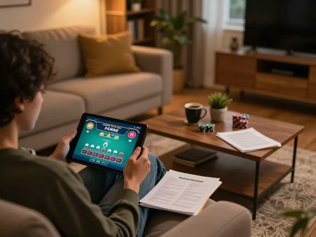 Engaging user on kuwin tablet for live dealer game, showcasing strategic home gaming atmosphere.