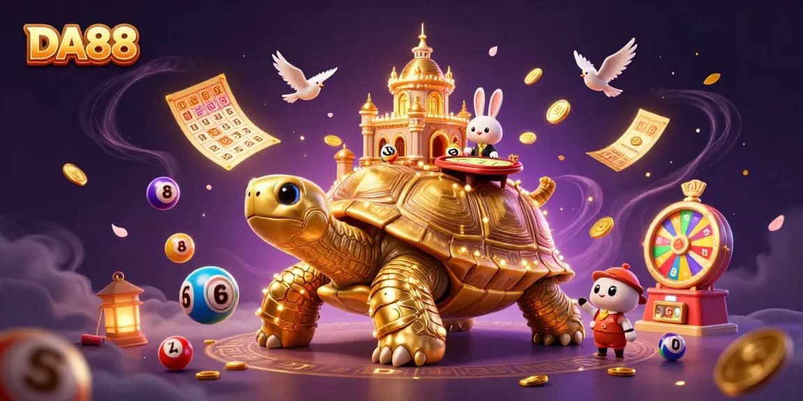 Engage in DA88-inspired casino fun with a golden tortoise, rabbit dealer, and vibrant lottery elements.
