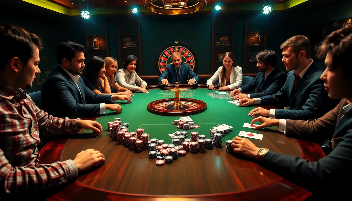 Exciting poker game at a luxurious online casino table at https://mubet.me/ showcasing vibrant action.