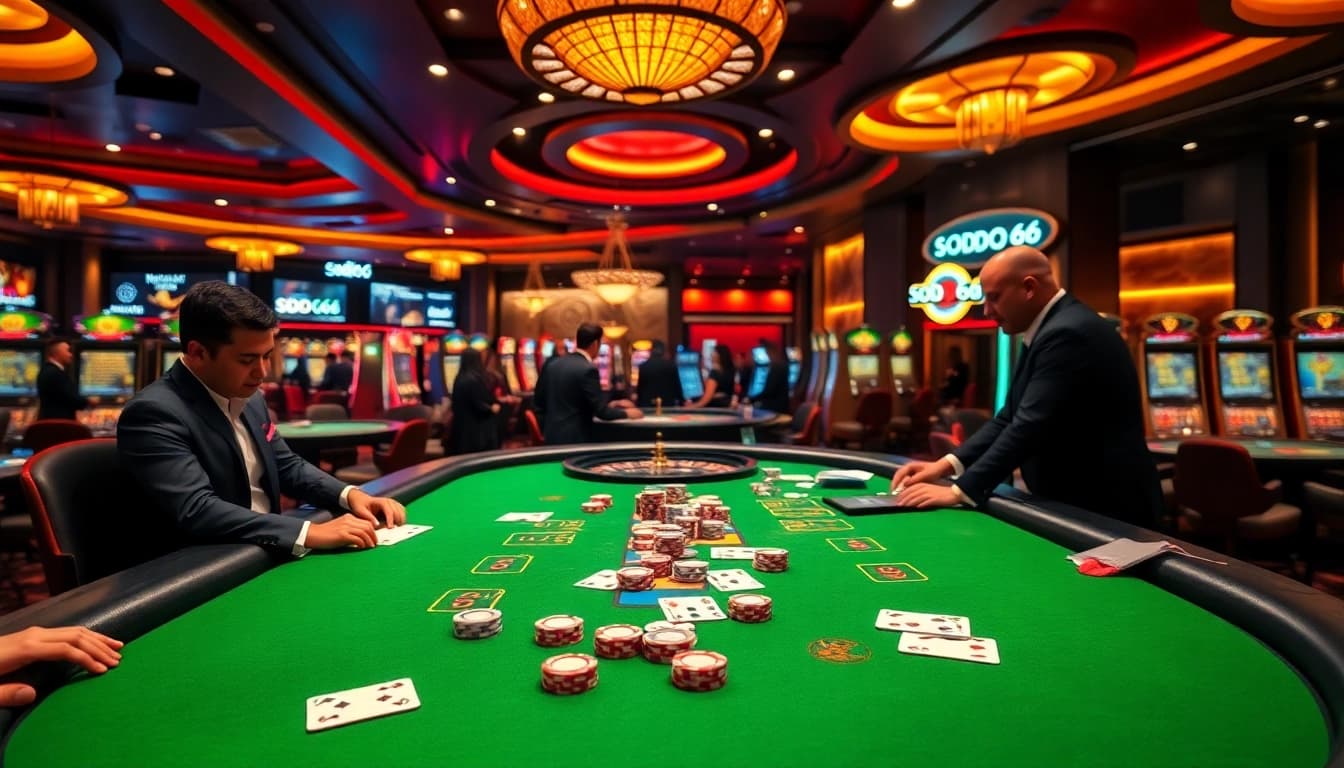 SODO66 casino table with players engaged in blackjack, showcasing vibrant gaming atmosphere.