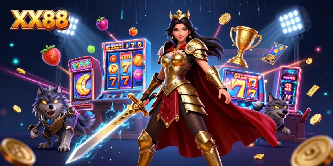 Experience thrilling slots action with XX88's captivating warrior queen guarding golden rewards.