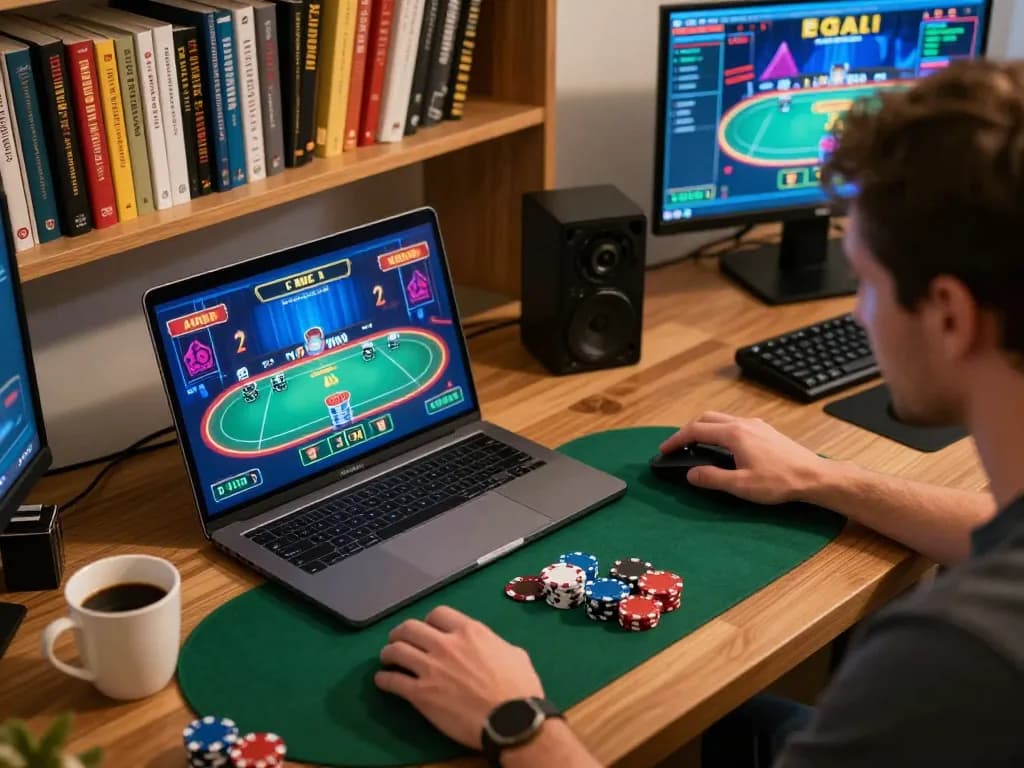 Engaging player participating in an online game bài đổi thưởng session with strategic focus on laptop.