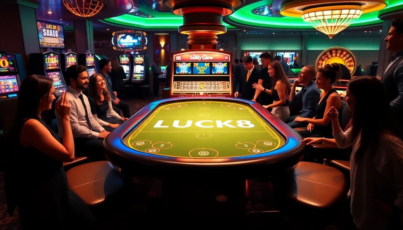 Engaged players enjoying Game LUCK8 at a bustling casino table with colorful chips.