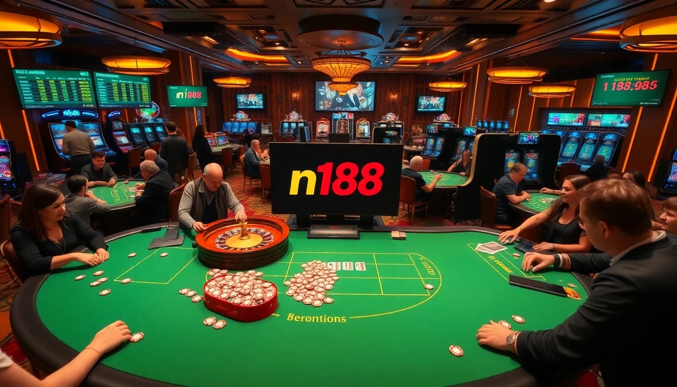 Exciting casino atmosphere showcasing gamers at n188 tables with vibrant poker action.