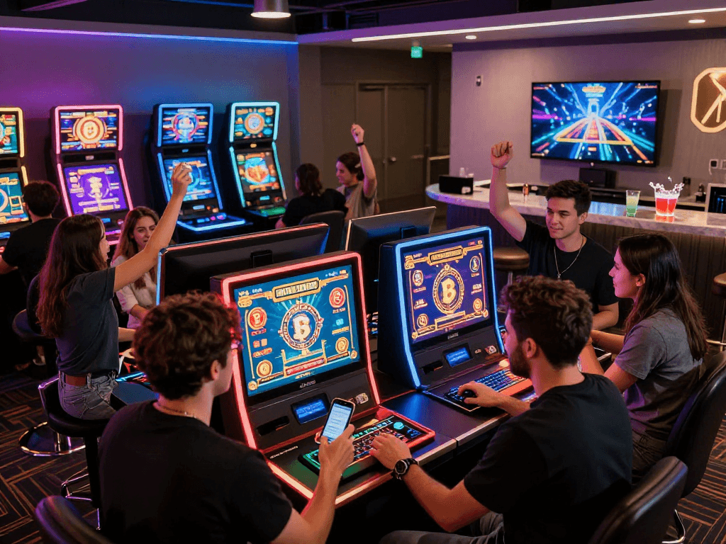 Energetic scene at a crypto casino with players enjoying digital games, celebrating wins and using smartphones.