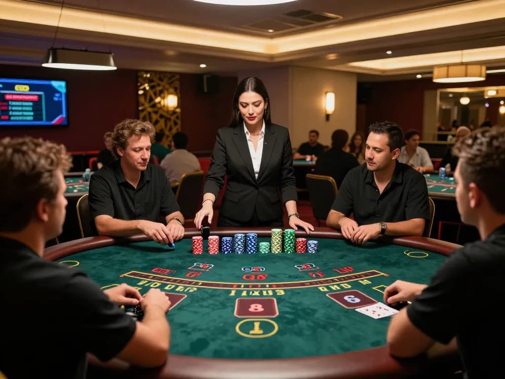 Engaging gameplay at GO8's blackjack table with players and dealer in an exciting casino atmosphere