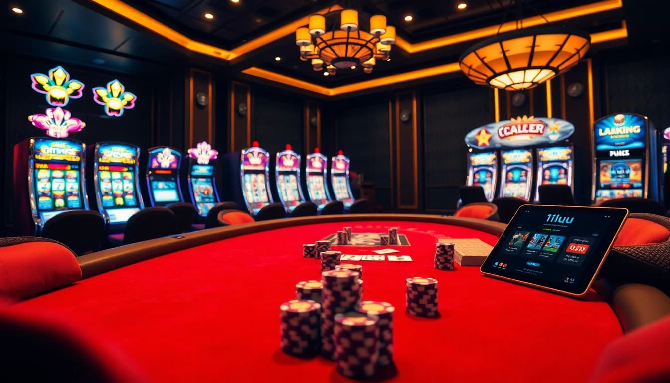 Players engage in high-stakes action at 11uu’s luxurious casino table with vibrant poker chips.