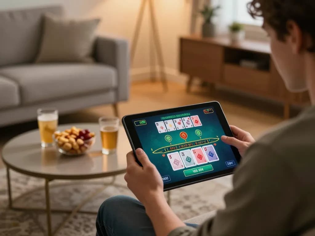 Player enjoying live dealer baccarat on LV88F tablet in a cozy home setting