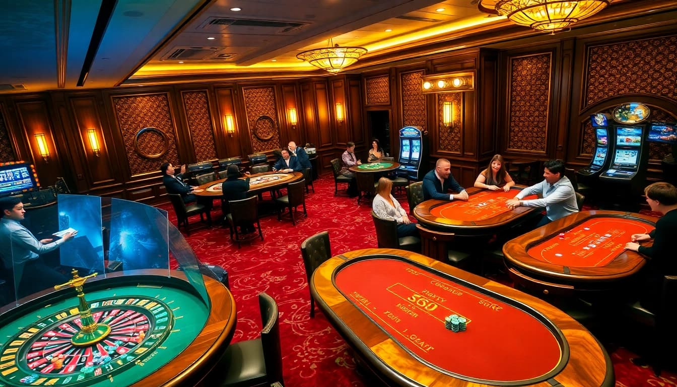This stunning casino scene captures the excitement of gambling with vibrant games at https://s666hn.com/, showcasing players at poker tables.