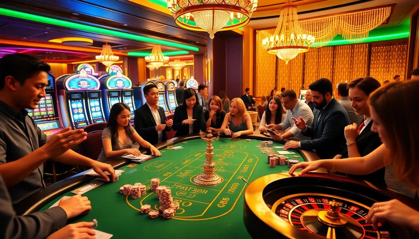 Players enjoying a thrilling game at the TR88 casino table with vibrant lights.