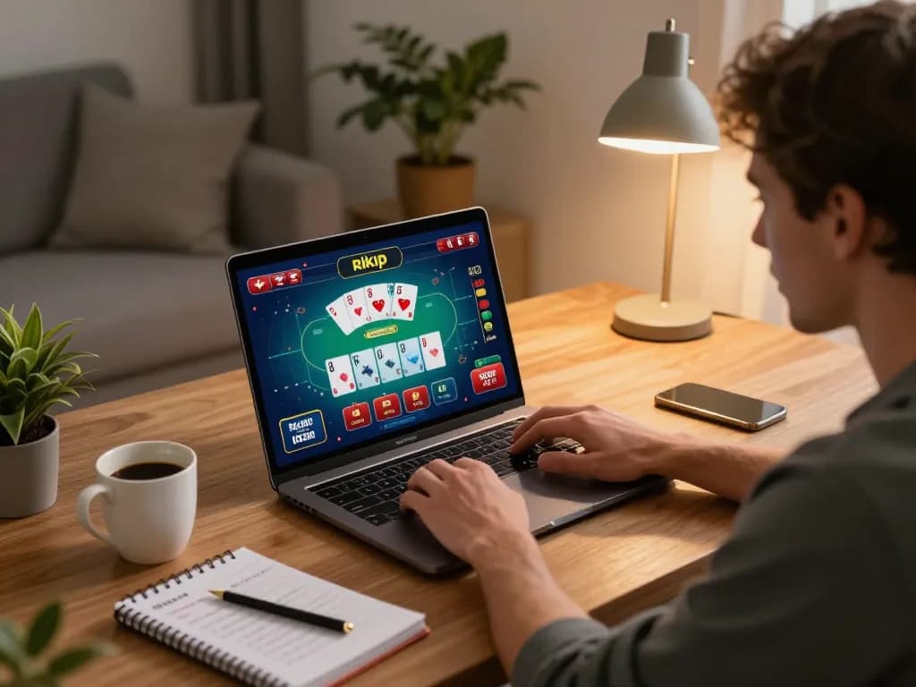 Engaging in rikvip poker gameplay at home, showcasing a cozy gaming setup.