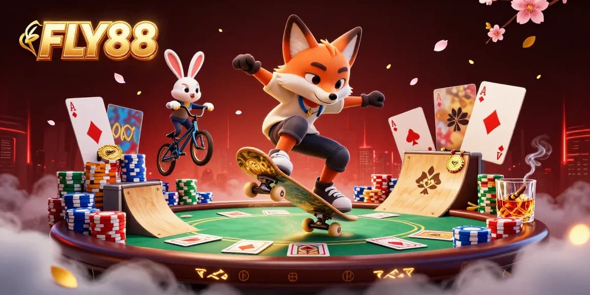 FLY88 betting scene with skateboarder fox and BMX rabbit amid vibrant casino elements