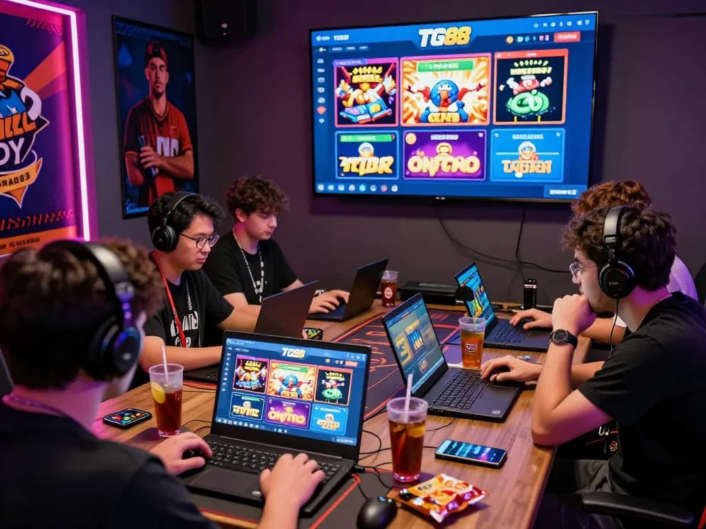 Engaged players using TG88 online gaming platform in a vibrant setting