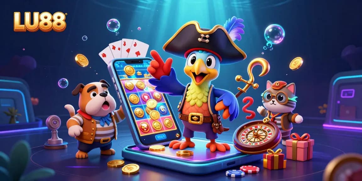 LU88 interactive gaming scene with a pirate captain and dog surrounded by slot games.