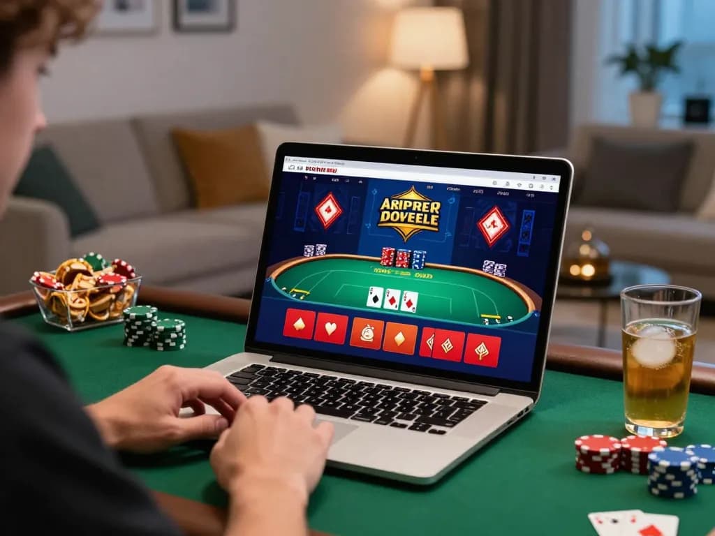 Player enjoying a poker game online at 555WIN, engaging with high-stakes action and modern decor.