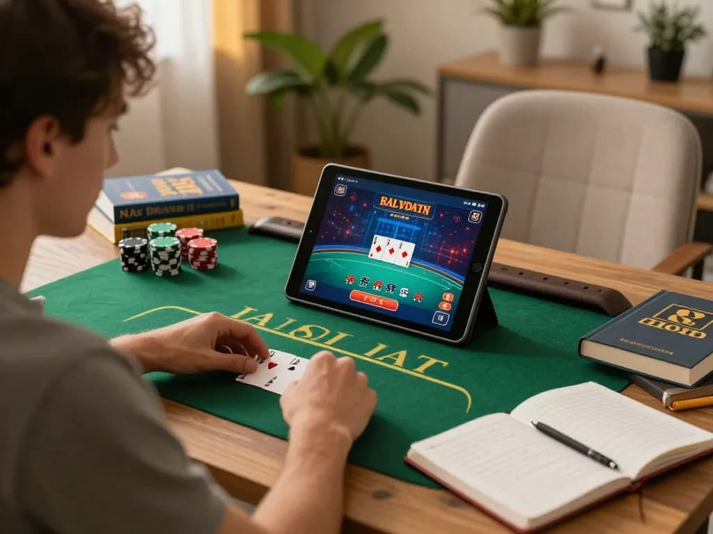 Engaging player enjoying poker on tablet while responsibly managing bankroll strategies in cozy home.