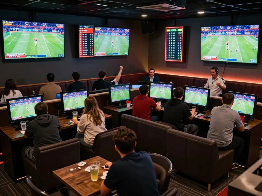 Excited sports bettors analyzing kèo nhà cái odds in a lively wagering lounge.