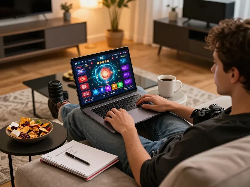Player engaging with AX 88 online casino on laptop, showcasing a modern home setup for responsible gaming