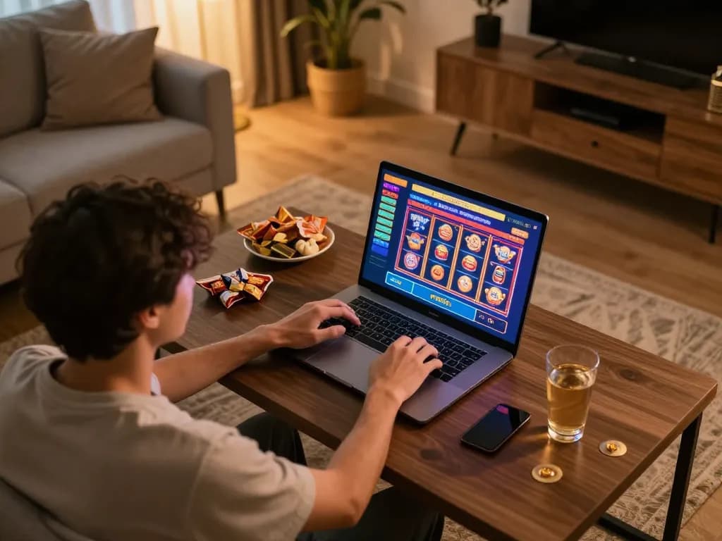 Engaging in online dh88 gaming with a modern setup, displaying vibrant casino graphics on the screen.