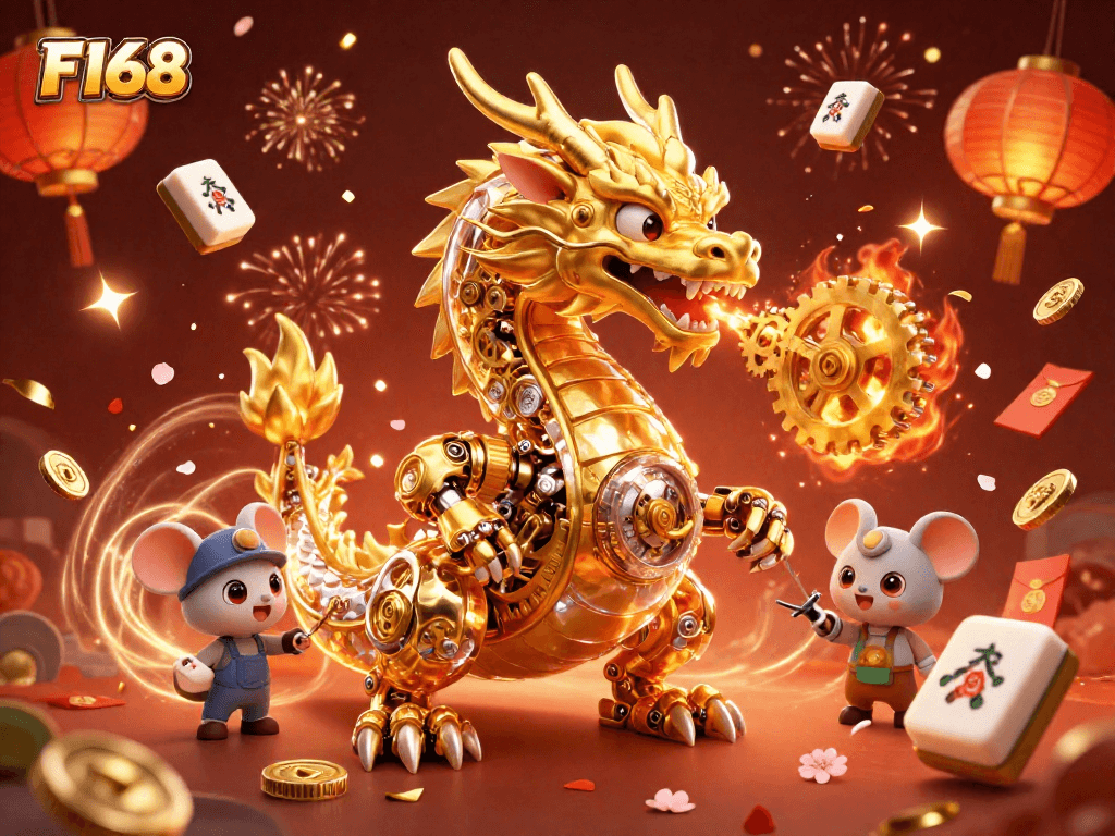 Engage with F168’s thrilling casino experience, featuring a biomechanical dragon in a vibrant gambling scene.