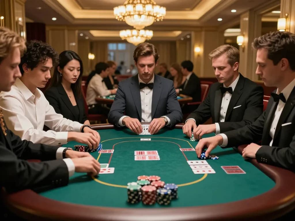 Players at a high-stakes poker table demonstrate strategy in a Nhà cái uy tín casino atmosphere.