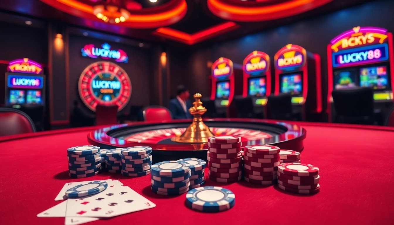 Experience high-stakes gambling at LUCKY88 with vibrant tables, poker chips, and slot machines.
