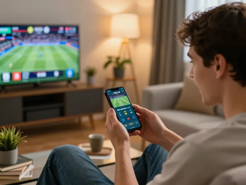 Usbet mobile app displayed during an exciting sports betting moment in a cozy living room