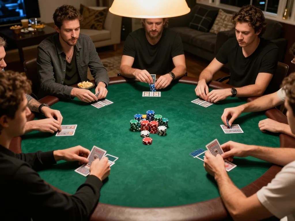 Players engage in a lively game of poker at LV88, showcasing chips and cards in a cozy home setting.