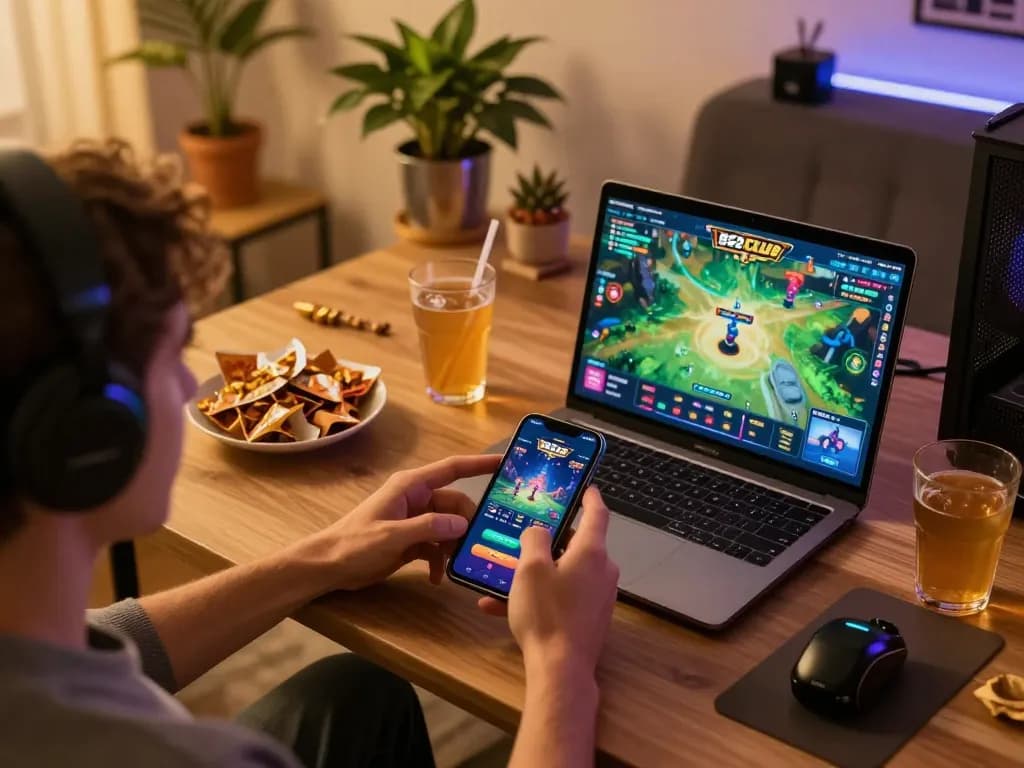 B52 Club user enjoying mobile gaming experience with vibrant app interface and cozy atmosphere